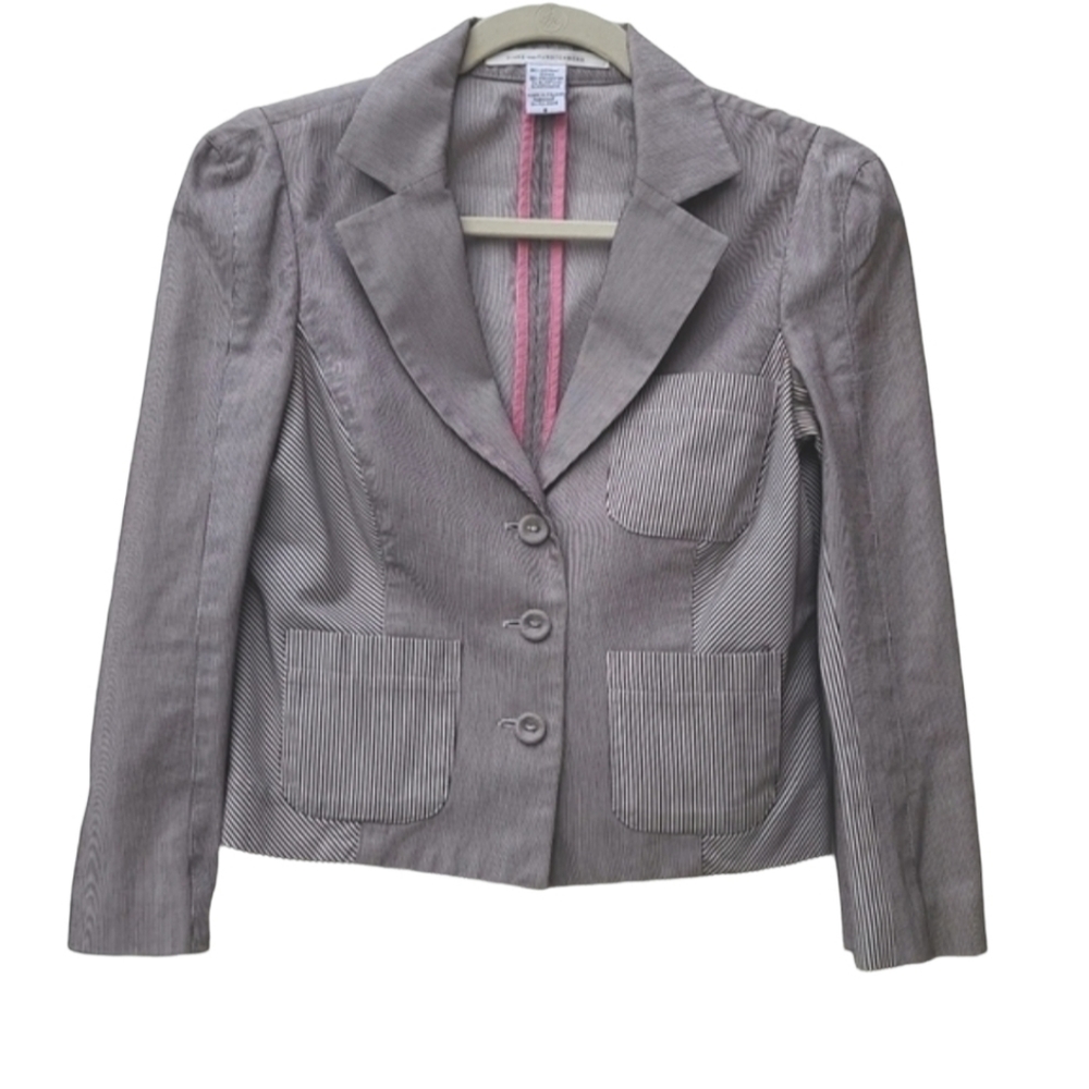 DIANE VON FURSTENBERG DVF Pinstriped Peplum Blazer 6 M Crop Jacket Seersucker - Picture 5 of 16